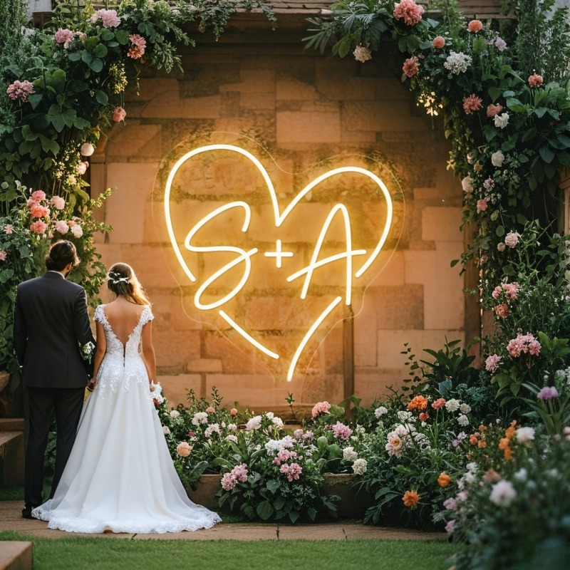 Custom Initials Heart LED Neon - Home Decor For Wedding 评论和价格