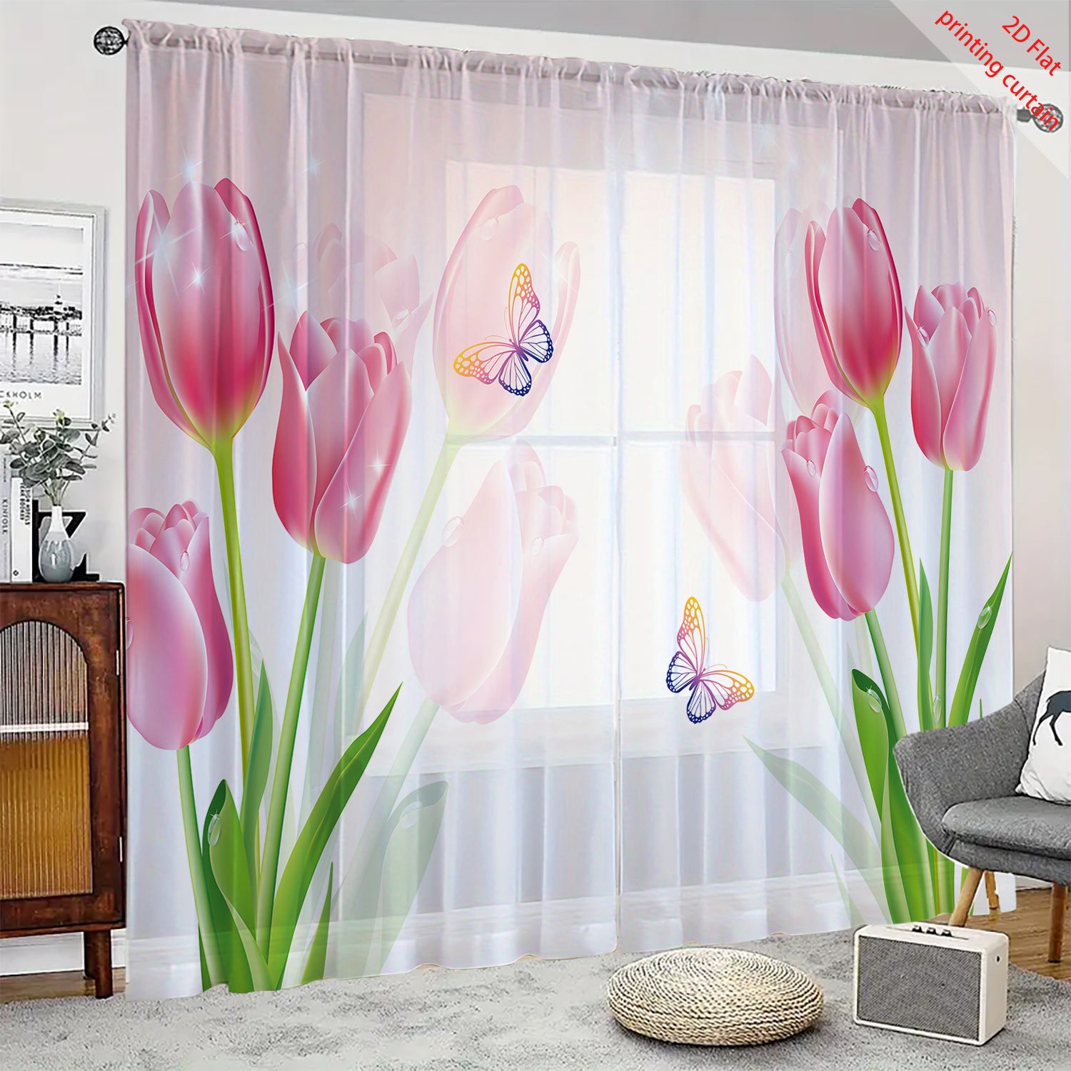 Pink tulip print transparent g - Home Decor Tulip 评论和价格